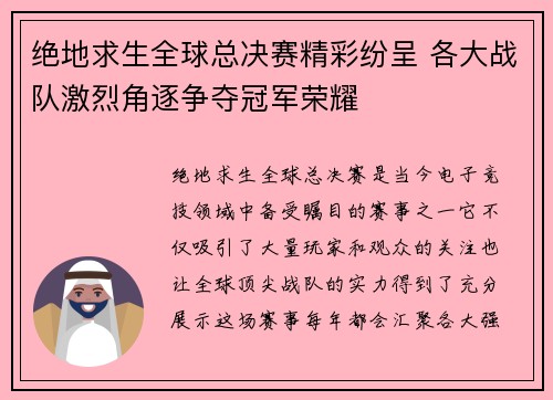 绝地求生全球总决赛精彩纷呈 各大战队激烈角逐争夺冠军荣耀